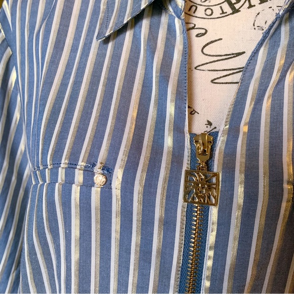 Free w/ Purchase Anne Klein Zip Up 3/4 Sleeve Blouse Blue Gray Gold Striped XL - Picture 13 of 16